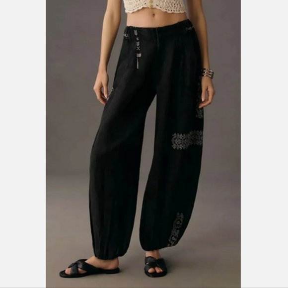 NEW Anthropologie M Embroidered Parachute Pants size M Black Linen Nwt 148$